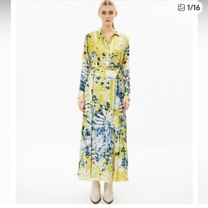 Pink Floral Long-Sleeve Shirtwaist Maxi Dress with Tie luxury silk